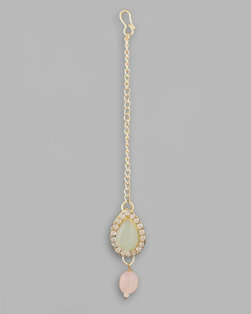 VOJ Gold-Polished Nude Pink And Mint Green Stone Studded Jewellery Set With Maang Tikka - Swadesiicart