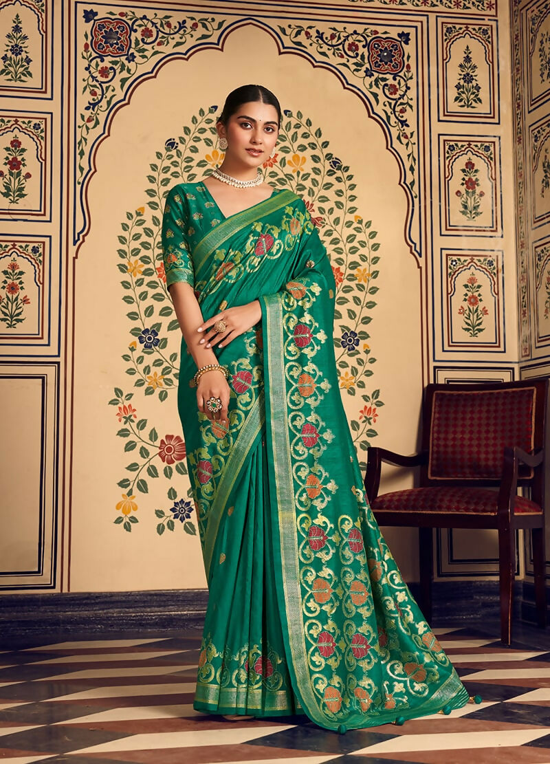 Monjolika Fashion Teal Silk Blend Banarasi Zari Work Classic Saree | Swadesiicart