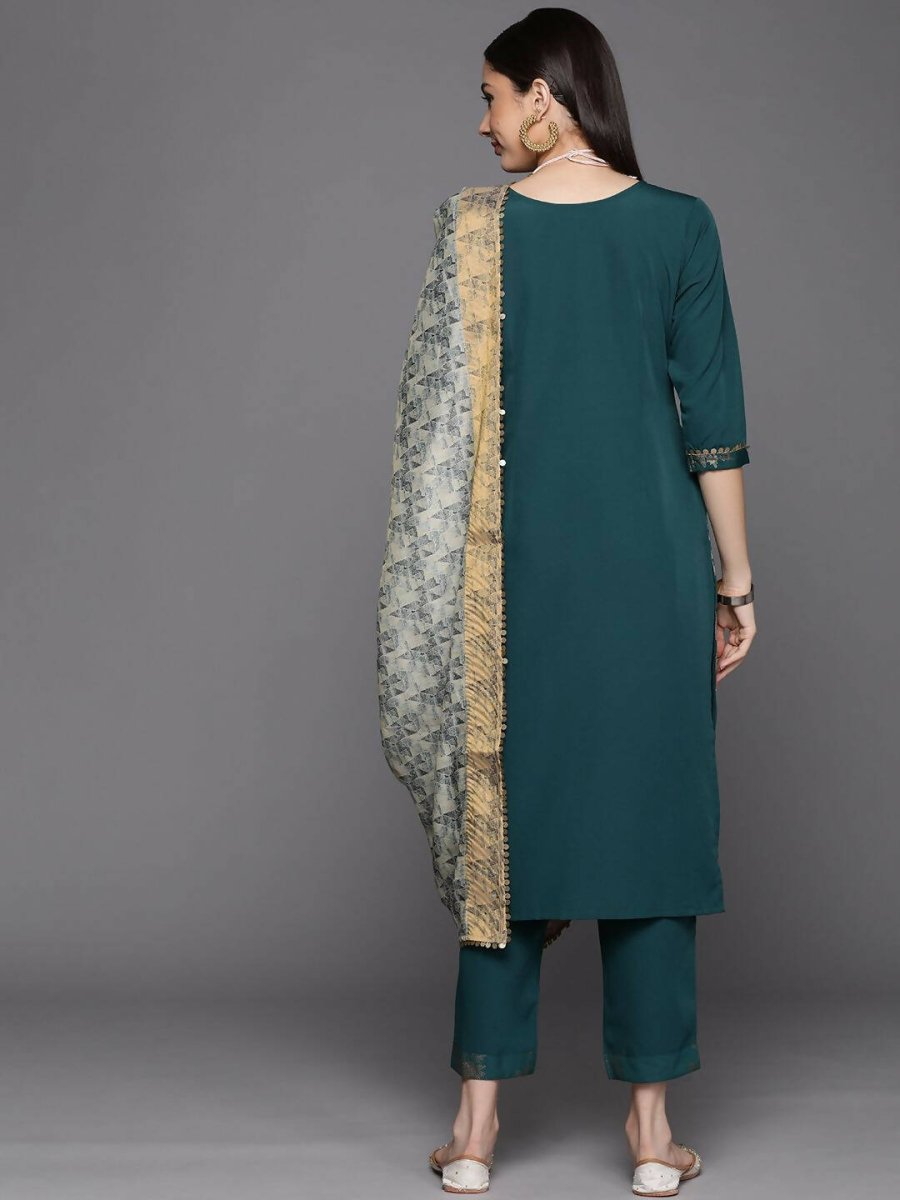 Ahalyaa Womens Dark Green Crepe Smoke Printed Kurta Pant Set With Dupatta | Swadesiicart