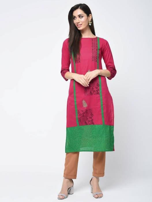Aniyah Cotton Block Printed Straight Pink Kurta (AN-114K) - Swadesiicart