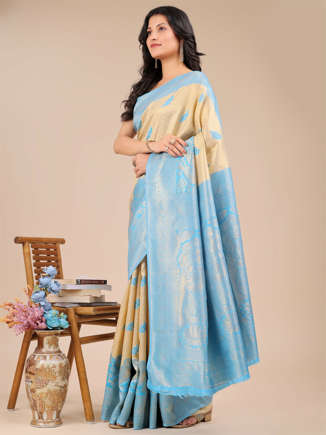 Astita Banarasi Silk Cream & Sky Blue Saree | Swadesiicart