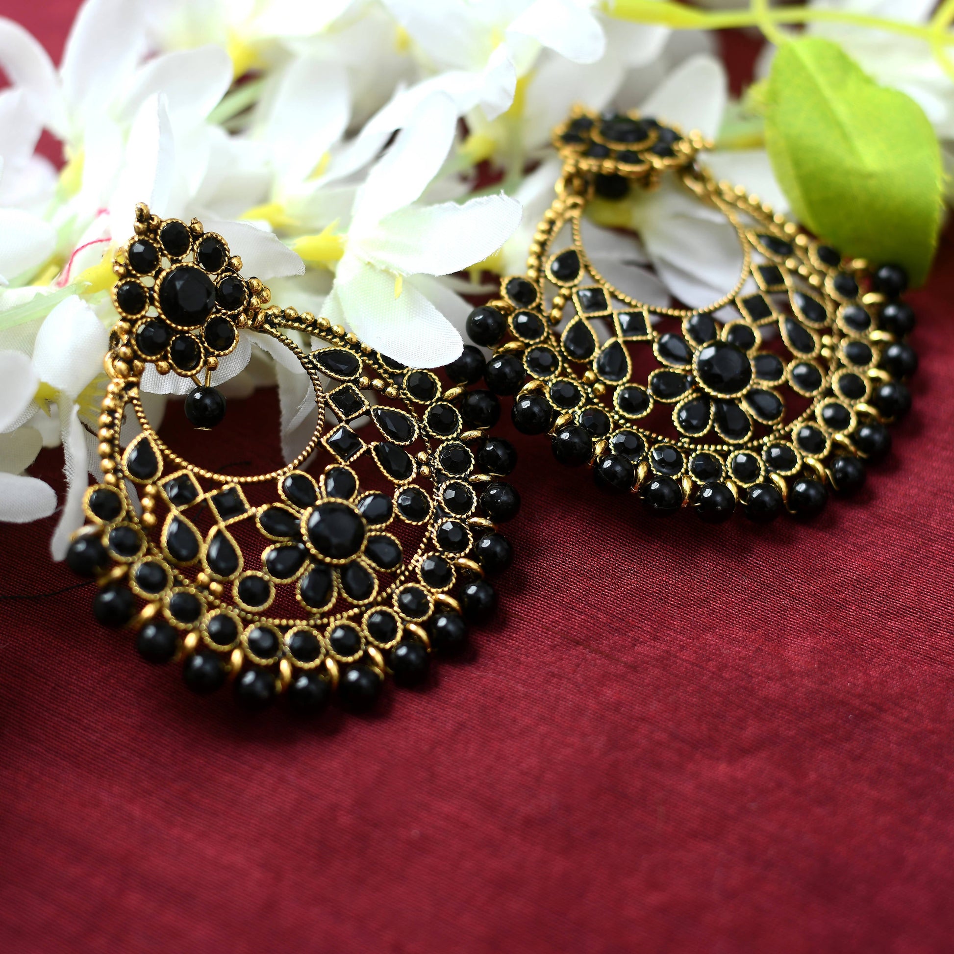 Mominos Fashion Johar Kamal Golden And Black Beaded Earrings | Swadesiicart