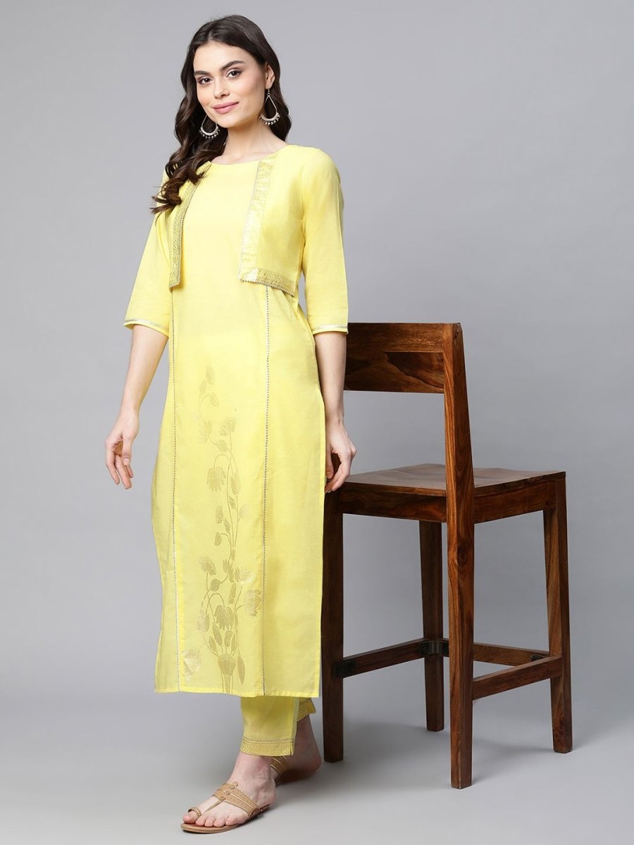 Ahalyaa Women Yellow Pure Cotton Printed Floral Kurta With Trousers | Swadesiicart