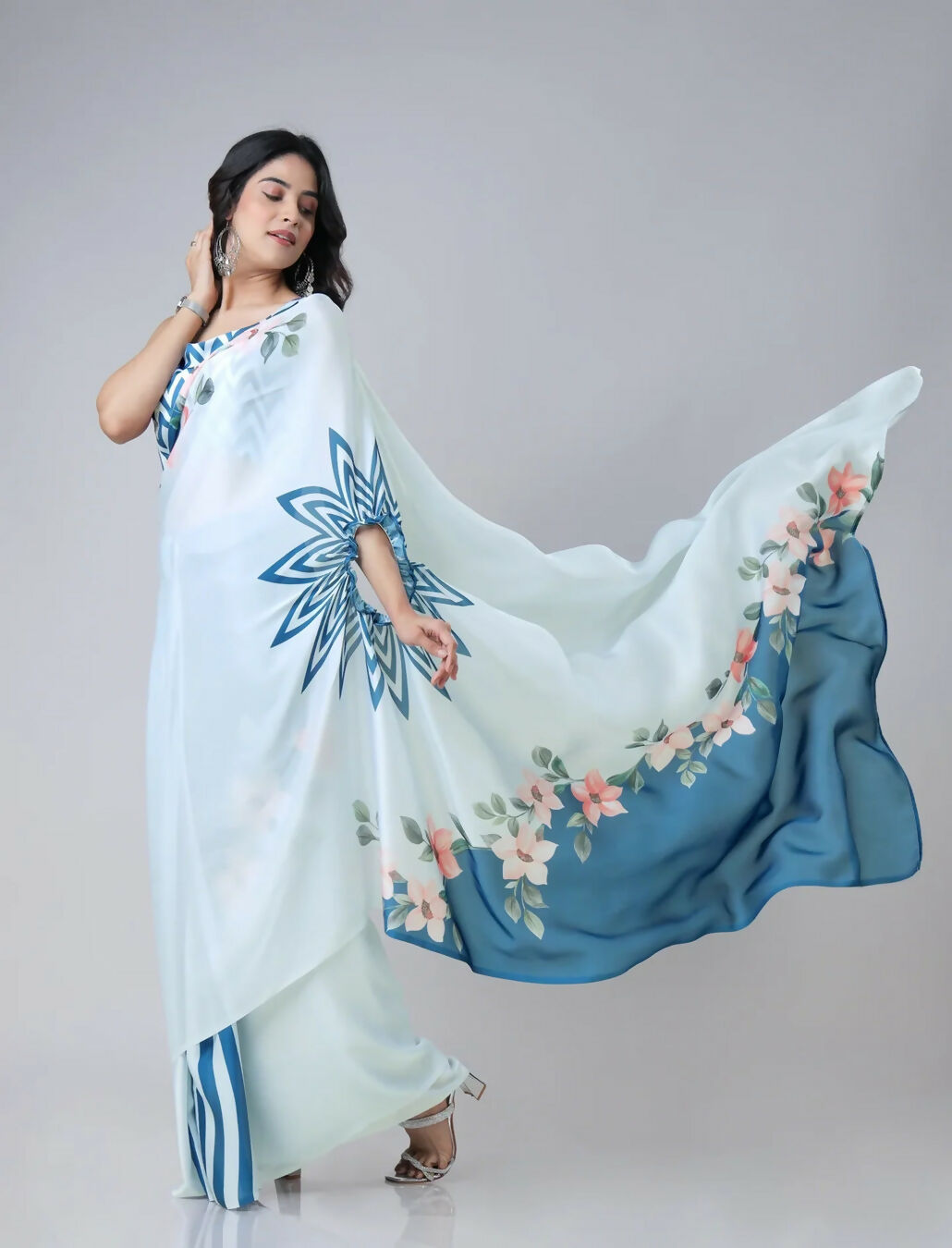 Vastranavya Icy Blue Freehand with Navy Starburst & Floral Print Ready to Wear Saree | Swadesiicart