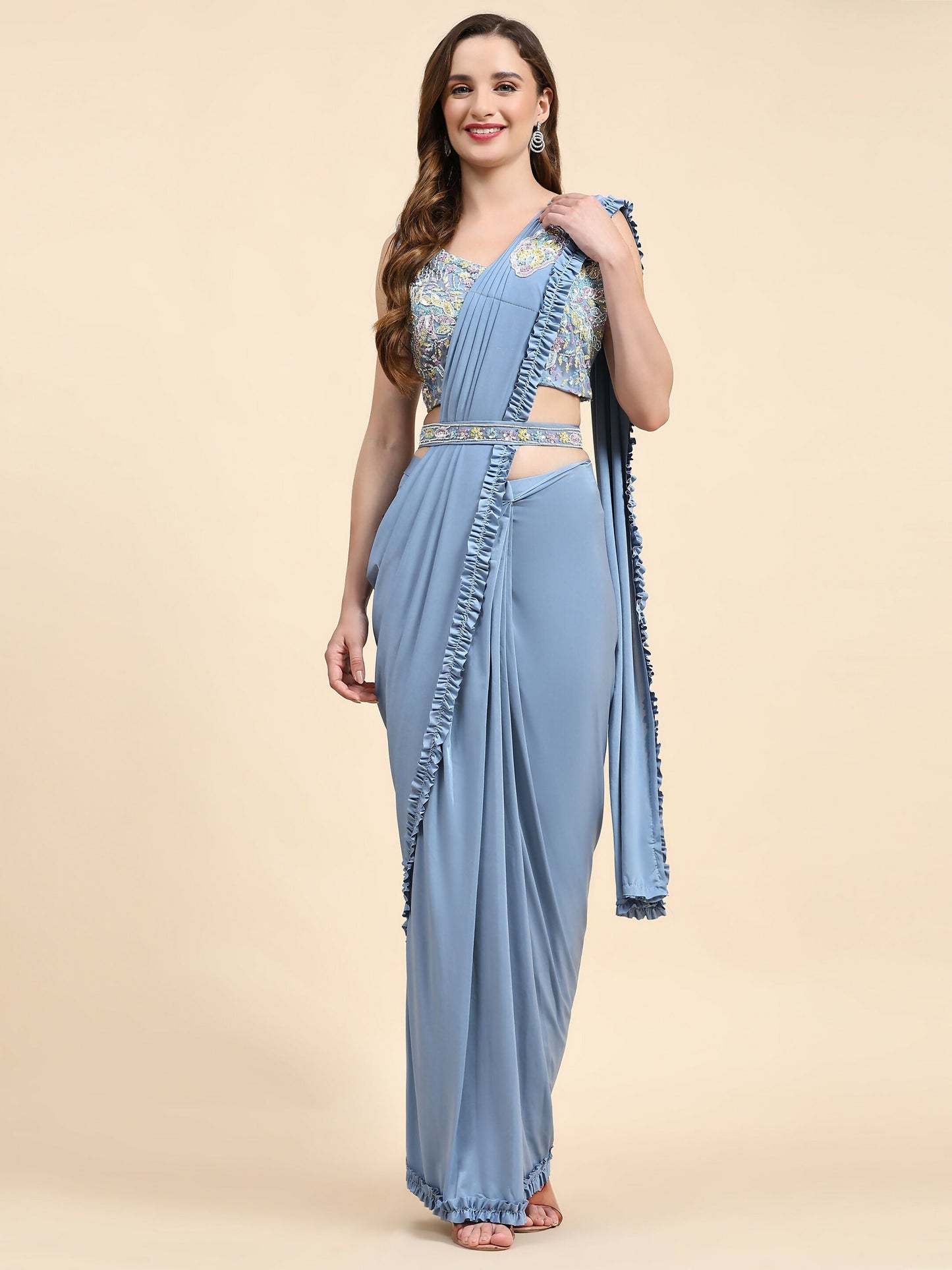 Blue Lycra Solid Ready to wear Saree with stitched Blouse - Vanita | Swadesiicart