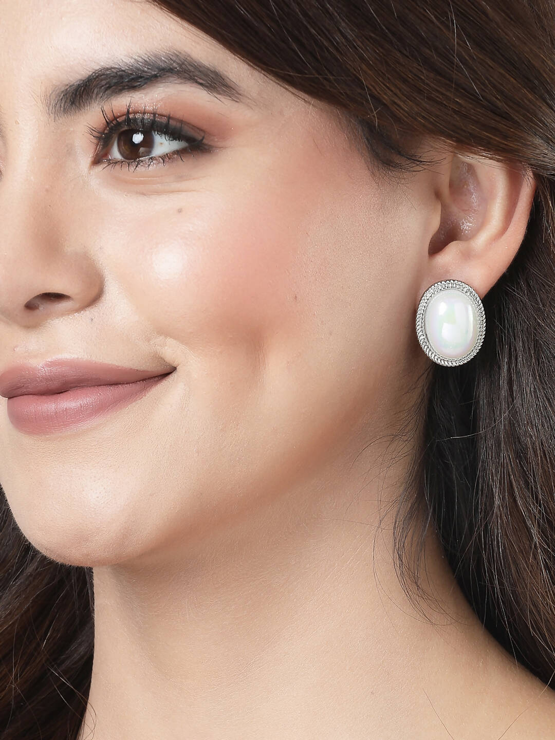 NVR Women's Silver Plated Oval Stud Earrings | Swadesiicart