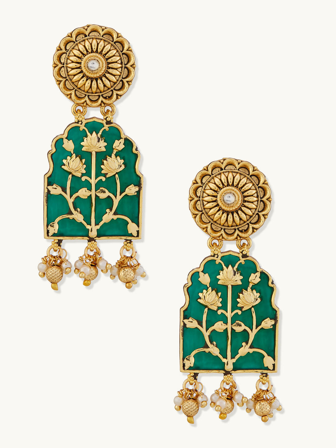 Nuyug 22K Gold-Plated Pearl Beaded Strings Green Enamel Pendant with Floral Motifs Necklace Set | Swadesiicart