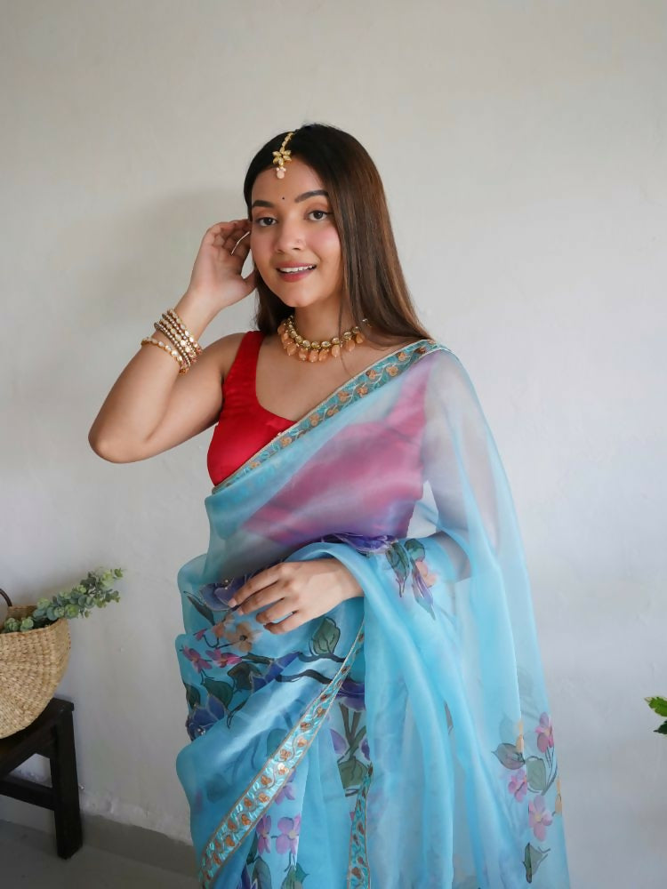 Vamsee Nilam Sky Organza Saree - Swadesiicart