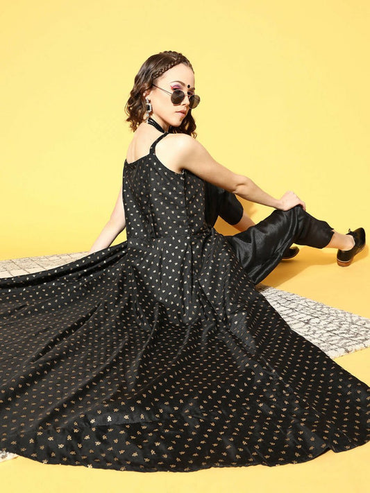 Ahalyaa Women Black Colour Poly Silk Gold Printed Kurta Pant Set | Swadesiicart