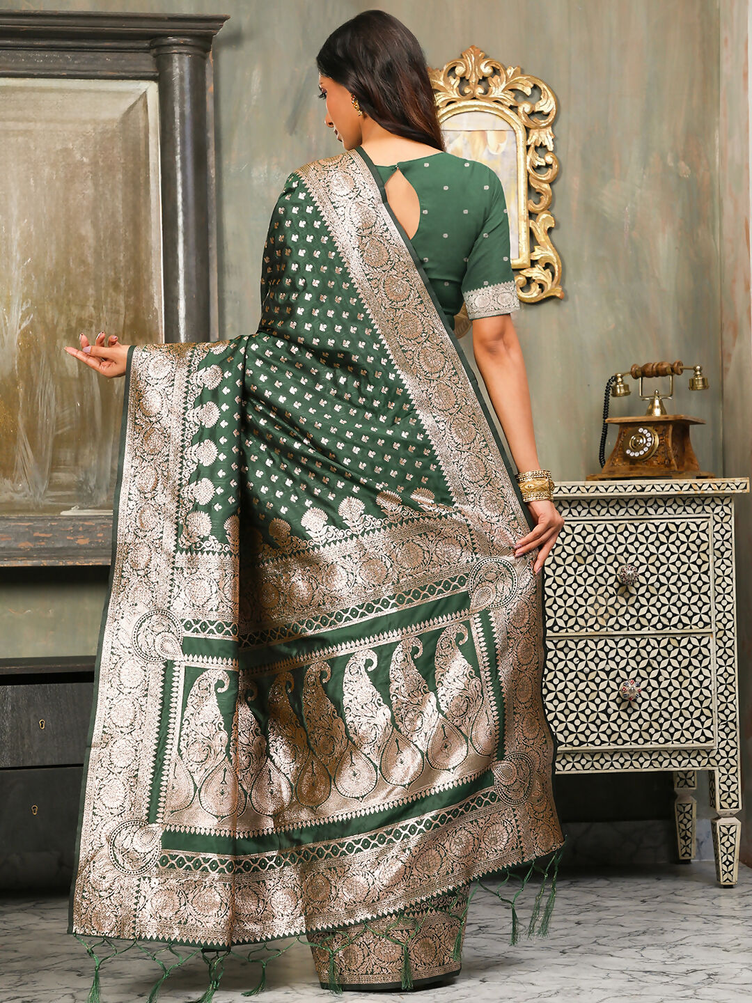 Astita Banarasi Silk Dark Green Saree | Swadesiicart