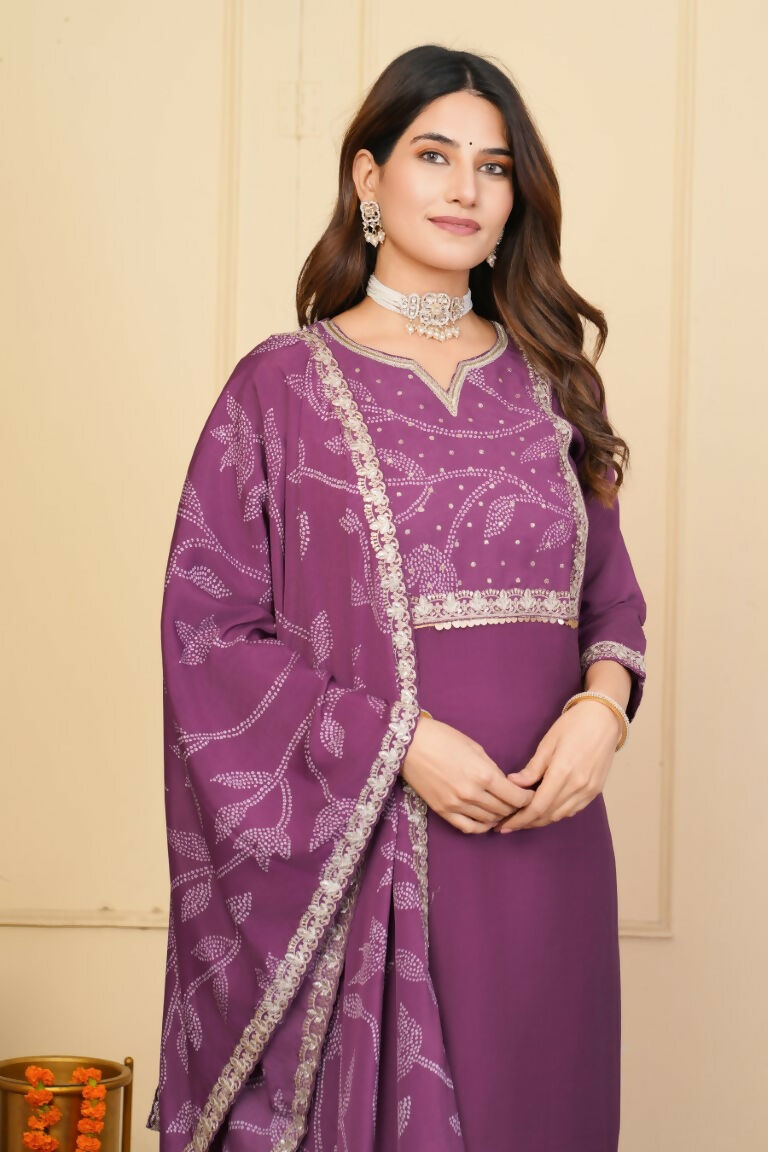 Wine Viscose Chanderi Embroidered Stitched Suit With Dupatta - Tanisha | Swadesiicart