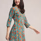 Aavyora Women's Teal Green Cotton A-Line Tunic with Red Floral Print and All-Over Pintuck Details
