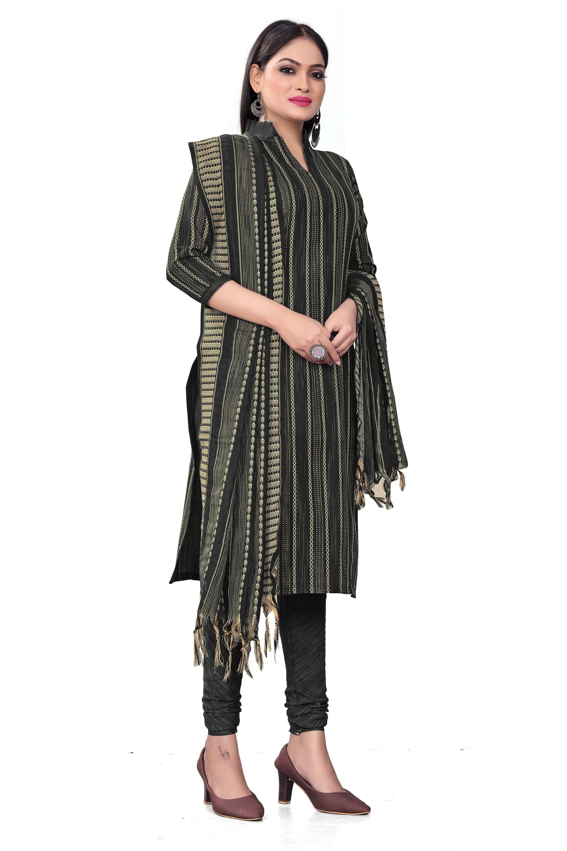 Black Cotton Jacquard Woven Unstitched Dress Material - Tanvi