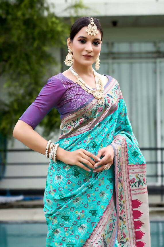 Vishnu Weaves Women's Firozi Paithani Patola Silk Zari Woven Saree with Unstitched Blouse - Swadesiicart