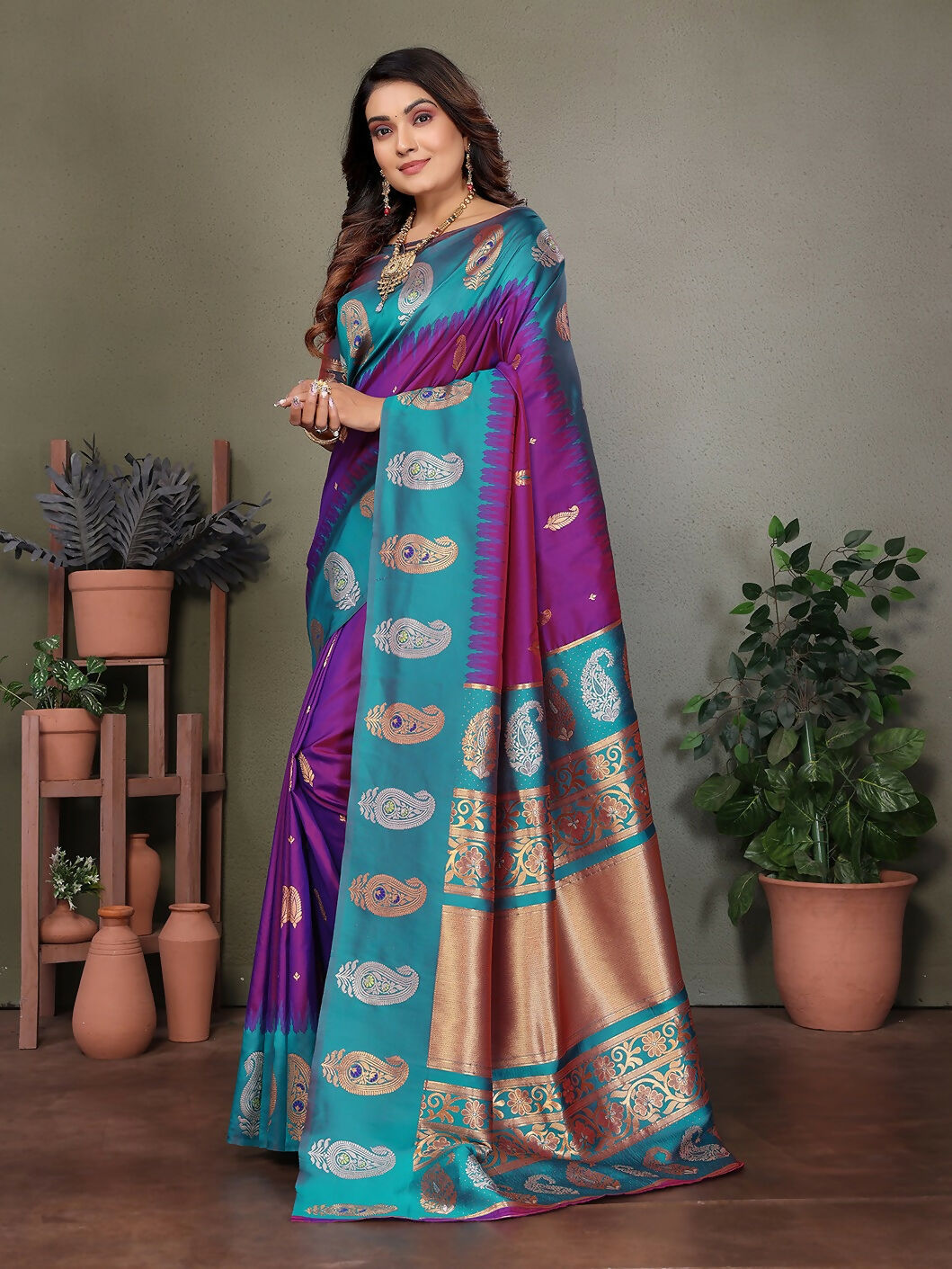 Joban Fashion Banarasi Purple Butti Soft Silk Saree | Swadesiicart