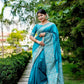 Vishnu Weaves Women's Firozi Handloom Raw Silk Woven Border Saree with Unstitched Blouse - Swadesiicart