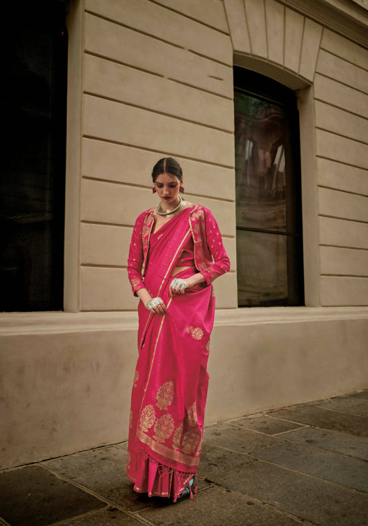 Dark Pink Weavead Thread & Zari Work, Handloom Weaving Banarasi Satin Silk Saree - Rajtex Kronicle Silk - Swadesiicart