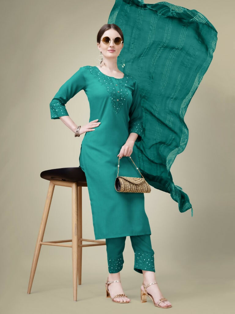 Jyoti Fashion Women's Teal Cotton Blend Embroidery & Sequence work Kurta with Trouser & Dupatta | Swadesiicart