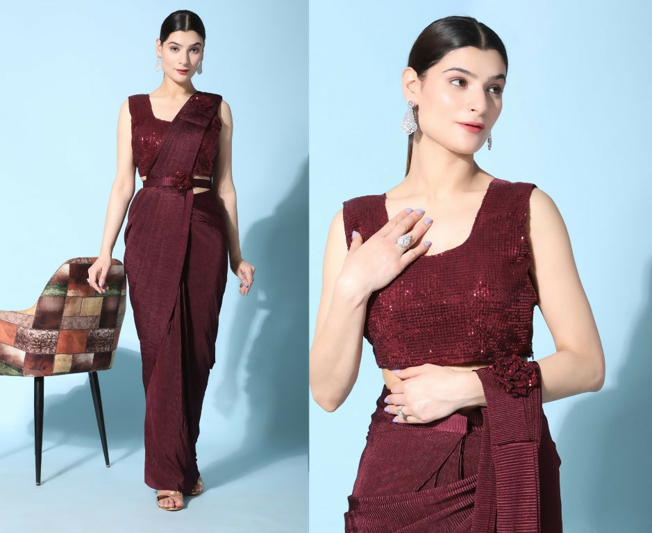 Maroon Imported Crush Lycra Texture Pattern Ready to Wear Saree with stitched Blouse - Nirvana | Swadesiicart