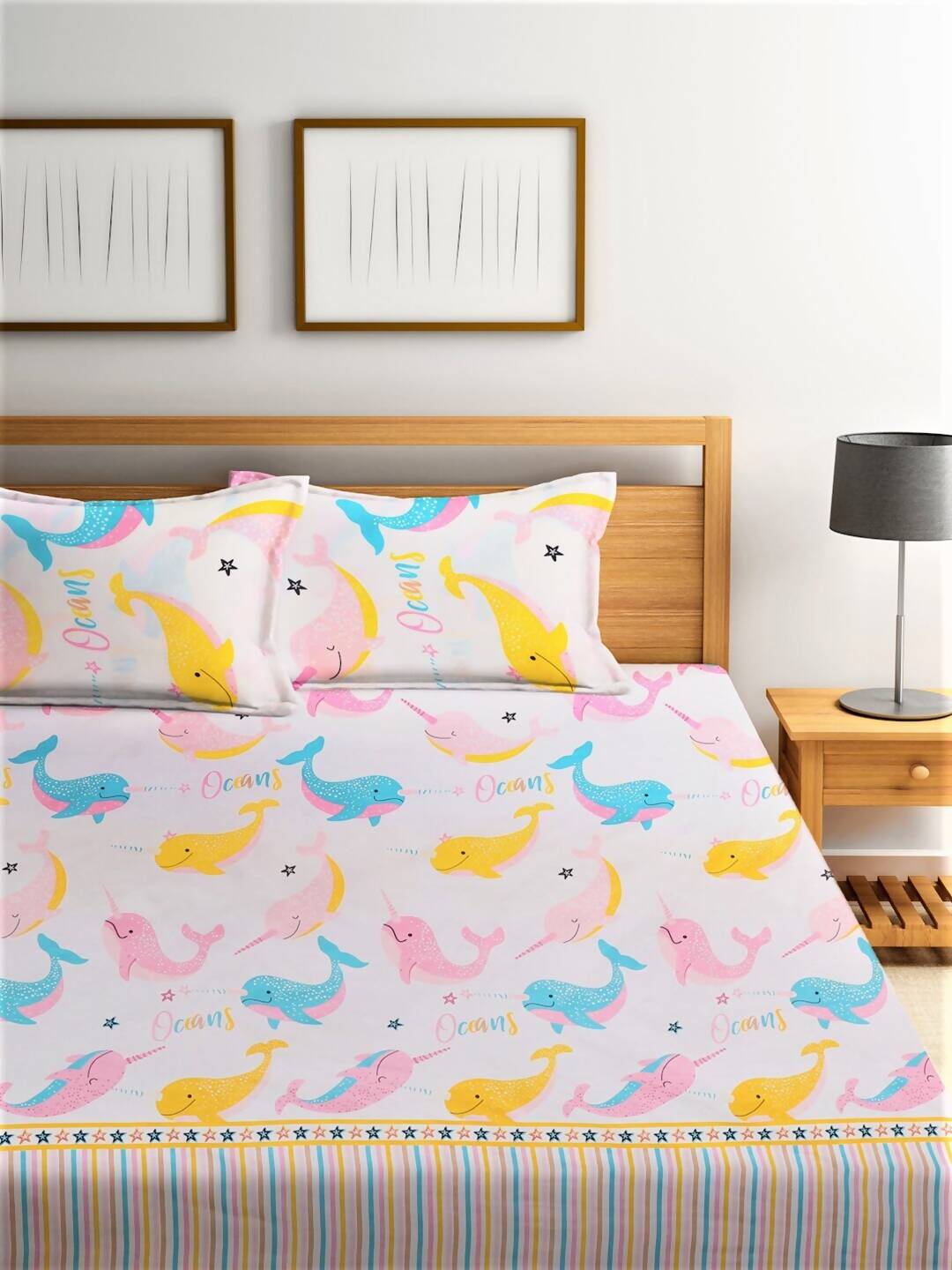 Home Sizzler Pink & White Cartoon Characters 210 TC Single Bedsheet with 1 Pillow Covers - Swadesiicart