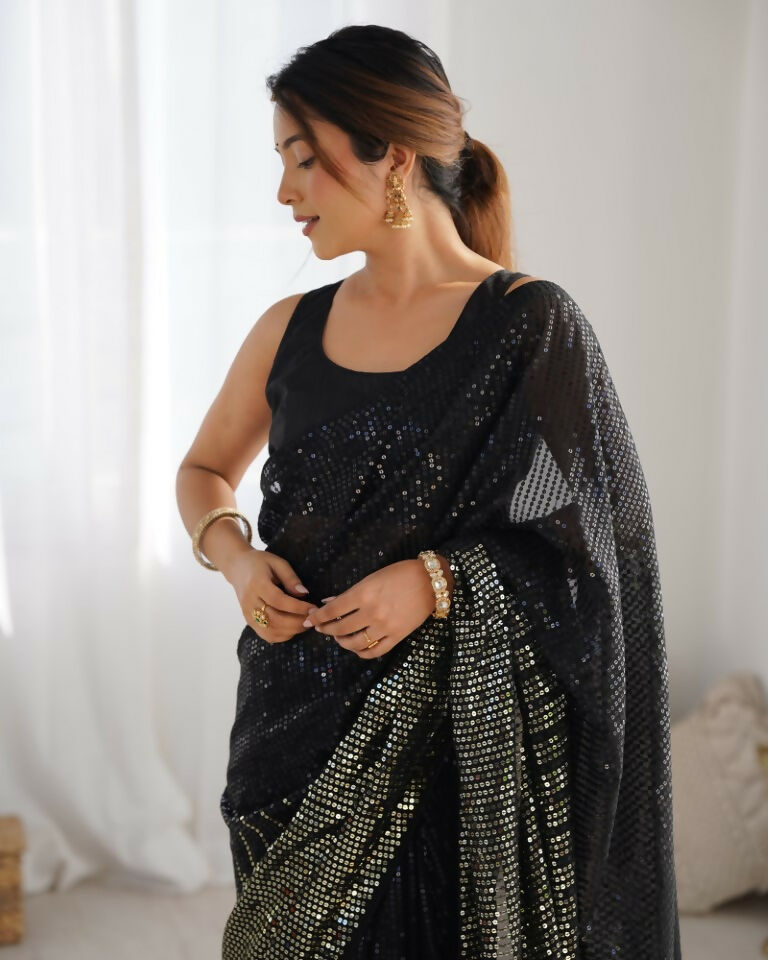 Black Georgette Designer Sequence Embroidery Work Saree - Sitare