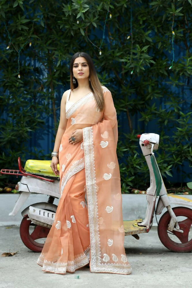 Vamsee Cotton Kerry Orange Organza Saree - Swadesiicart