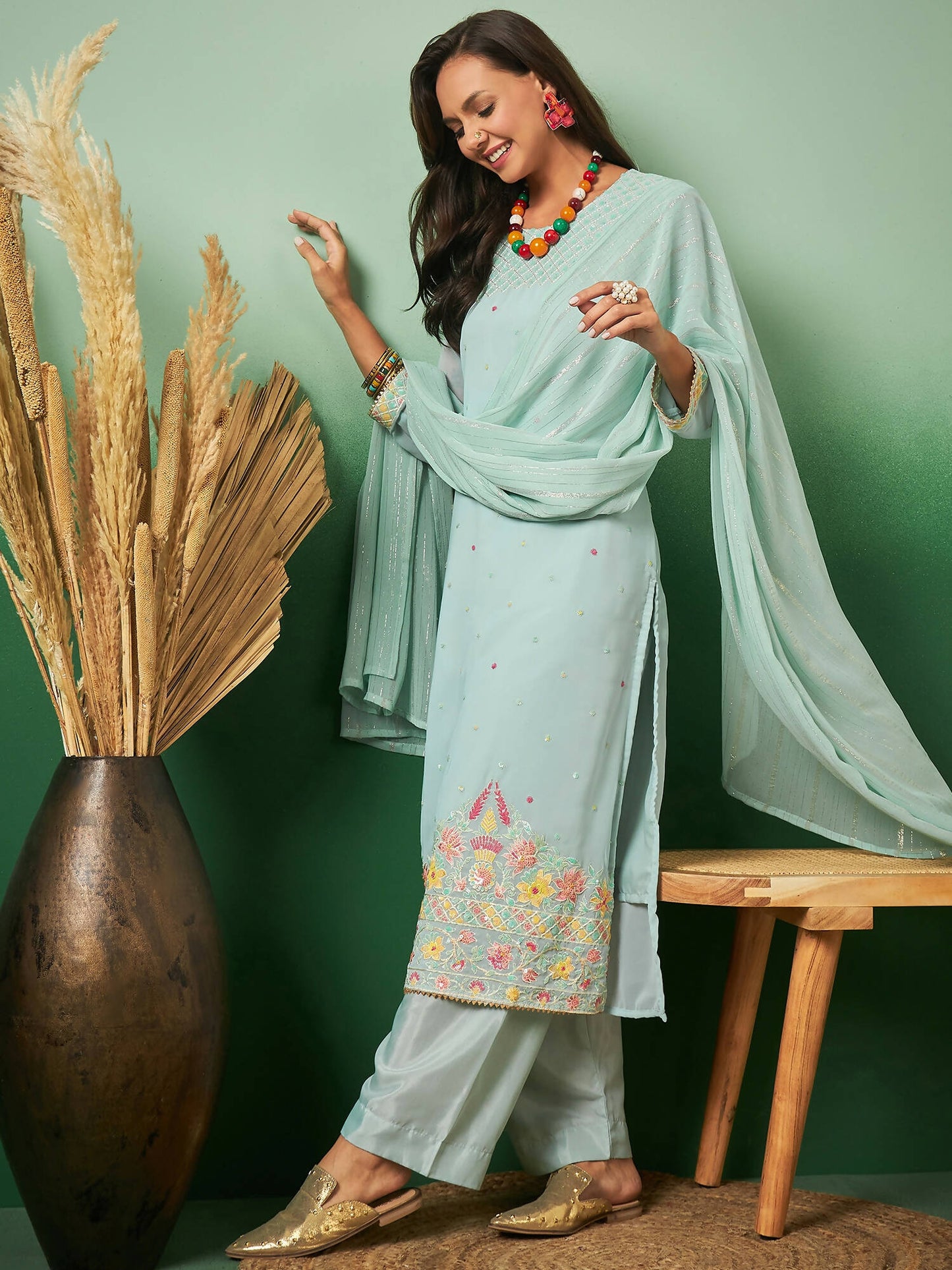 Sky Blue Georgette Handwork Unstitched Dress Material - Hanika | Swadesiicart