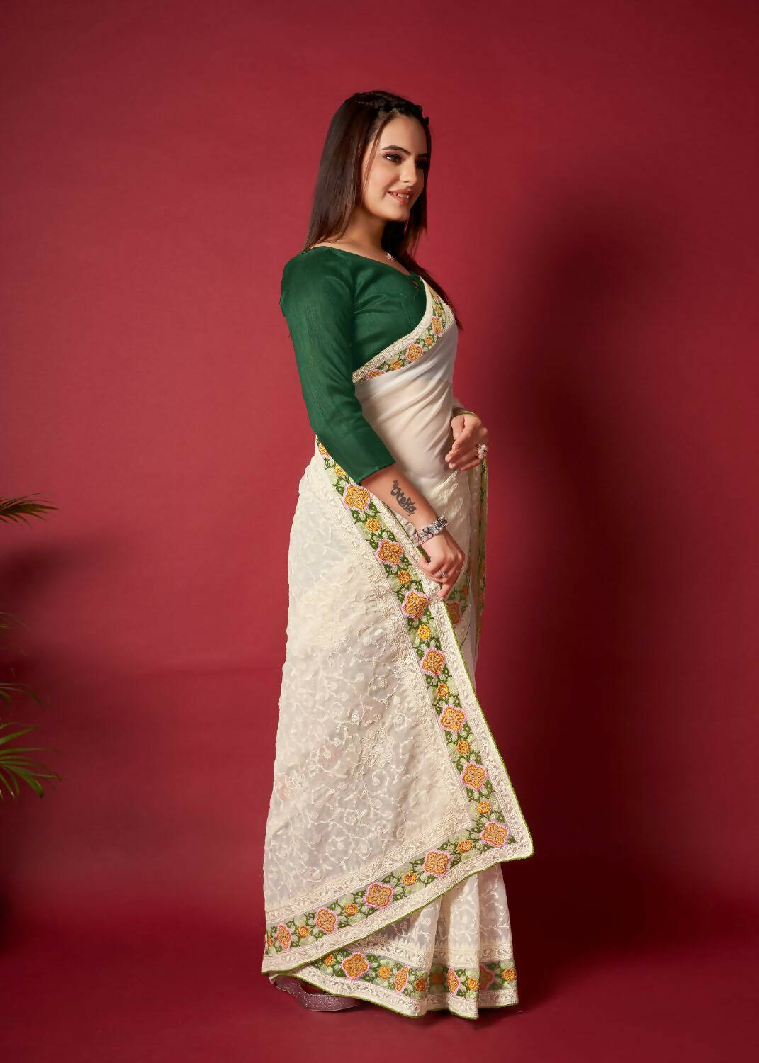 Vamsee White Georgette Designer Saree - Swadesiicart