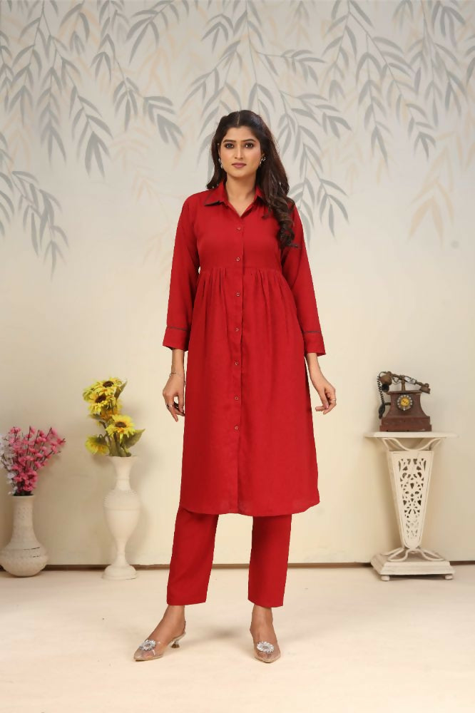 Jyoti Fashion Women's Red Rinkal Cotton Plain with Side Pocket Kurtis & Sets | Swadesiicart