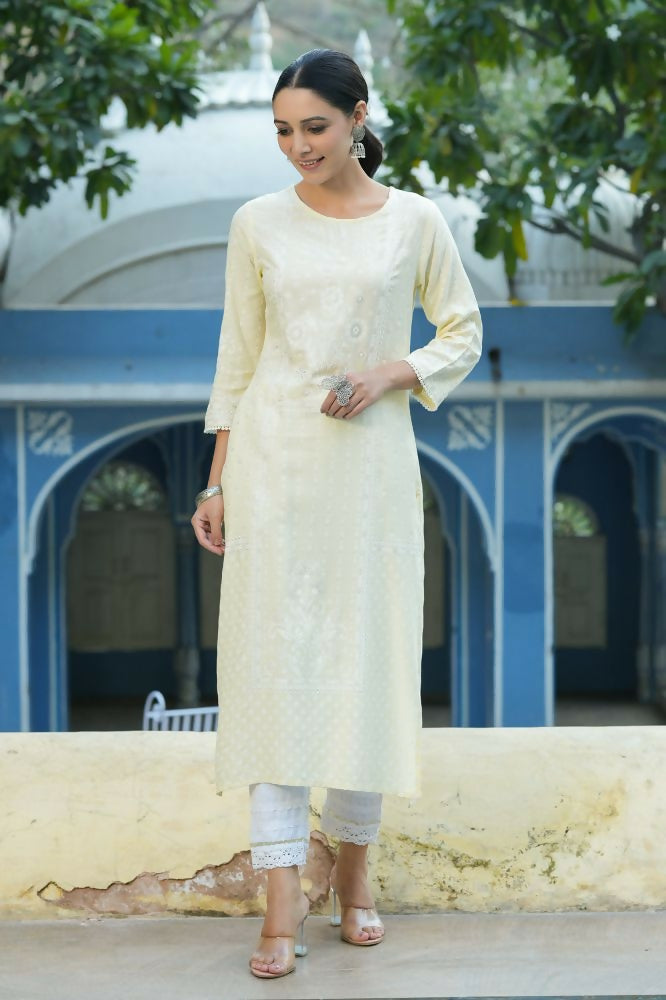 Juniper Light Yellow Ethnic Motif Printed Rayon Kurta With Lace Work - Swadesiicart