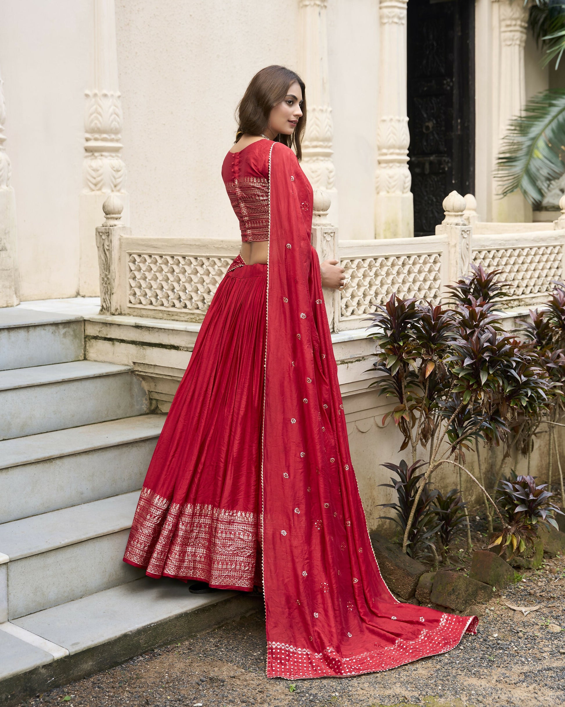 Lorenvalley Red Pure Chanderi Plain With Zari Weaving Work Border Lehenga Choli | Swadesiicart