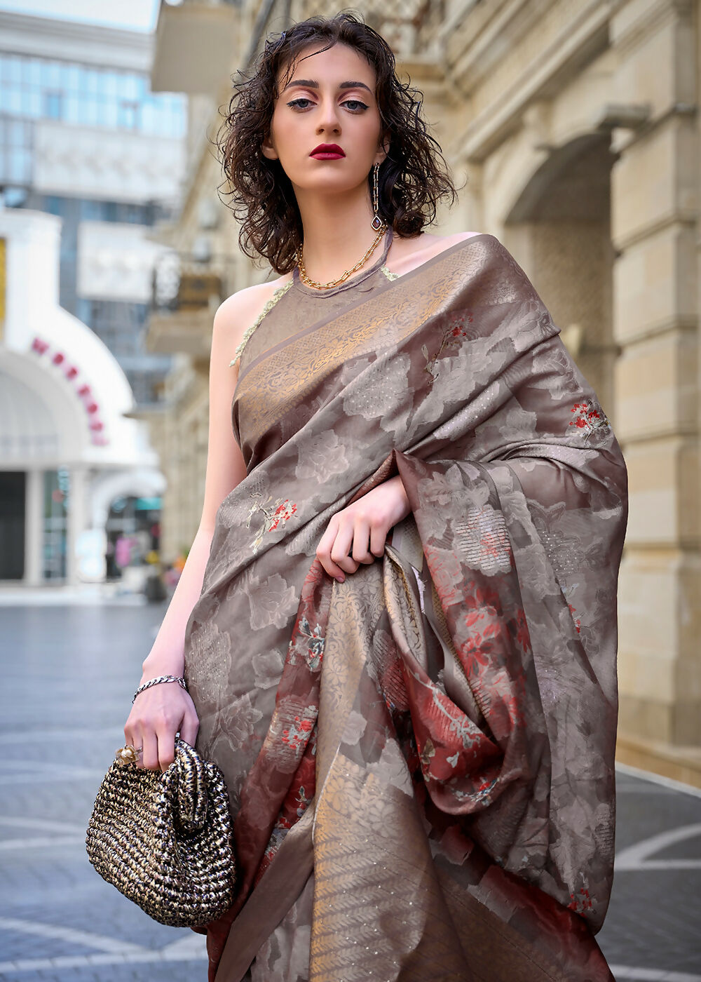 Lovely Brown & Grey Polly Brasso Designer Saree - Emponline | Swadesiicart