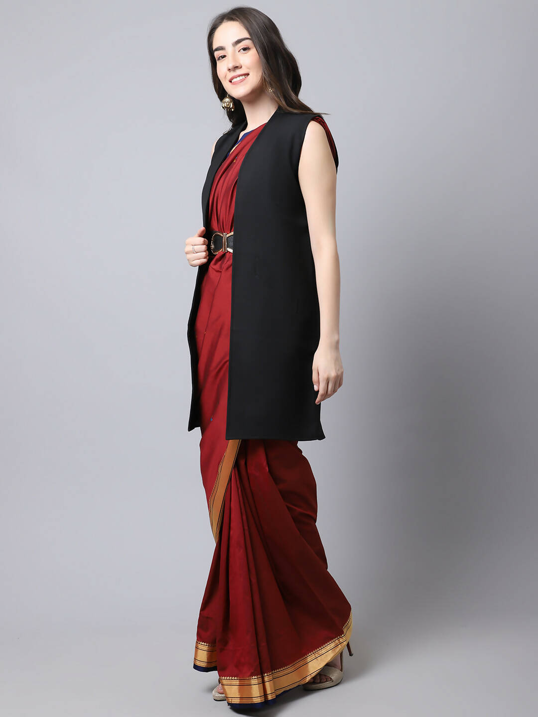 Even Apparels Black Polywool Open Front Women's Long Coat | Swadesiicart