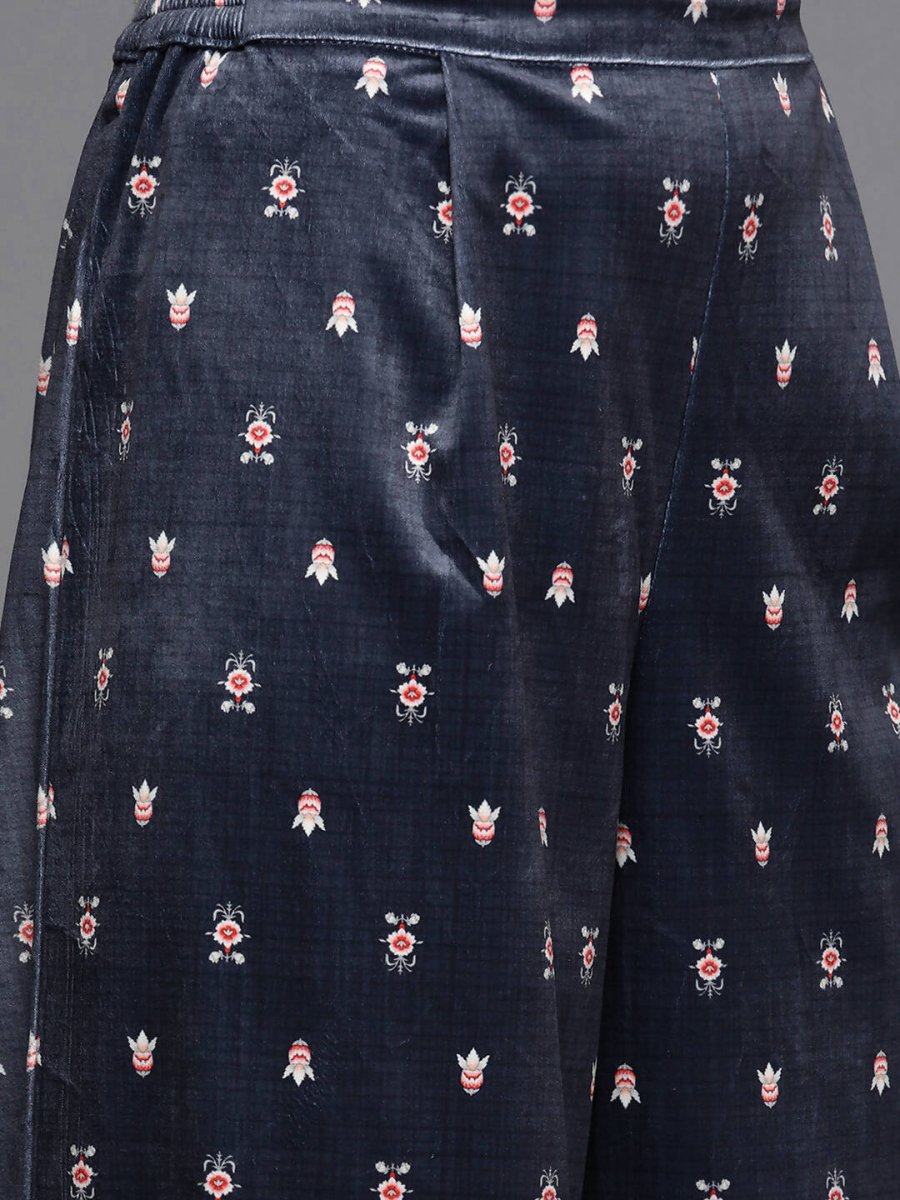Ahalyaa Women Navy Blue Ethnic Motifs Printed Gotta Patti Velvet Kurta with Palazzos | Swadesiicart