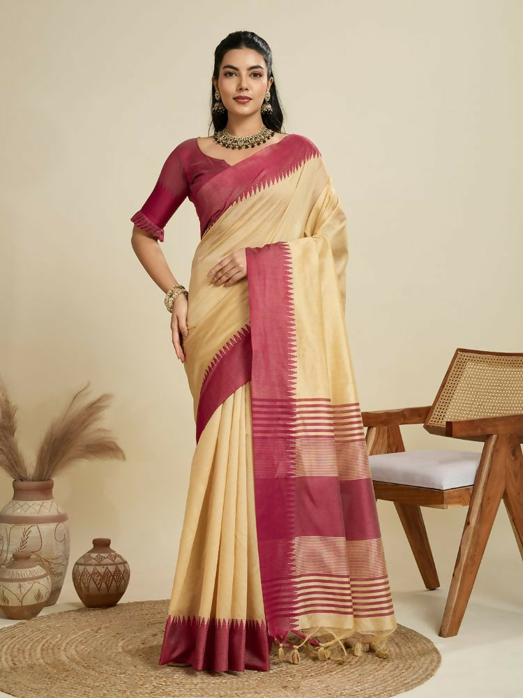 Vishnu Weaves Women's Chiku Raw Silk Thread Woven Saree with Blouse - Swadesiicart
