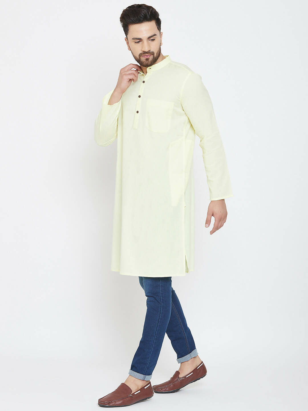 Even Apparels Yellow Color Men's Pure Cotton Kurta With Band Collar | Swadesiicart
