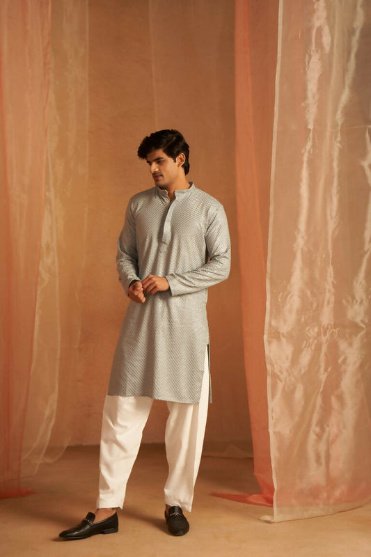 Grey viscose Chikankari Embroidery Work Men's Traditional Kurta Set - Mahotsav | Swadesiicart
