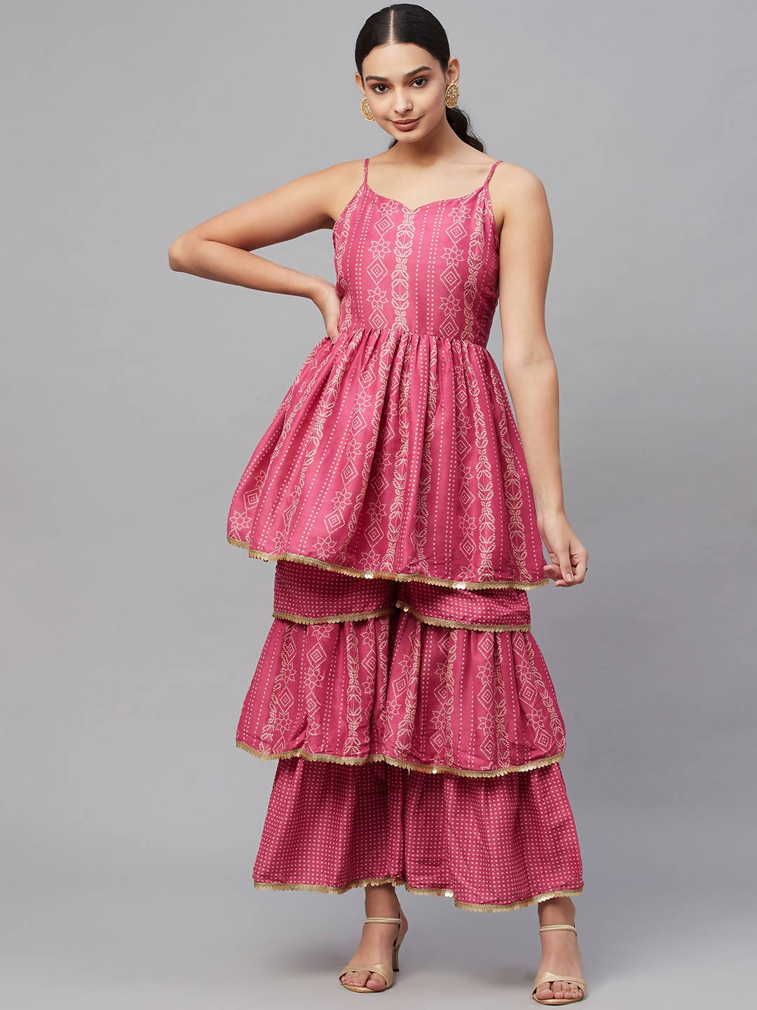 Myshka Pink Printed Sleeveless V Kurti Sharara Set | Swadesiicart