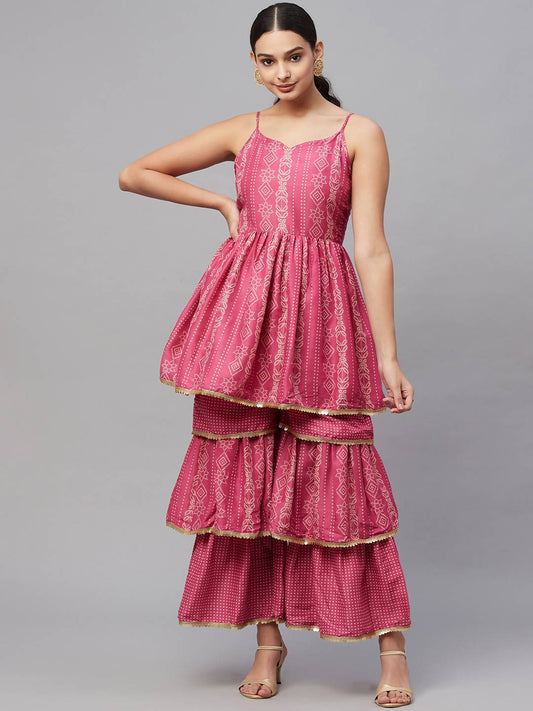 Myshka Pink Printed Sleeveless V Kurti Sharara Set | Swadesiicart