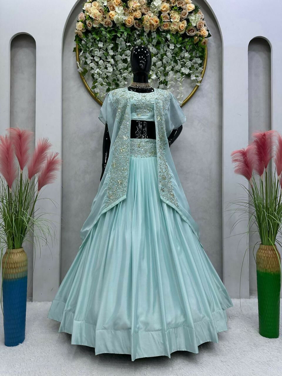Jyoti Fashion Women's Sky Blue Chinon Sequins with Thread Embroidered Designer Lehenga Choli with Shrug Set | Swadesiicart