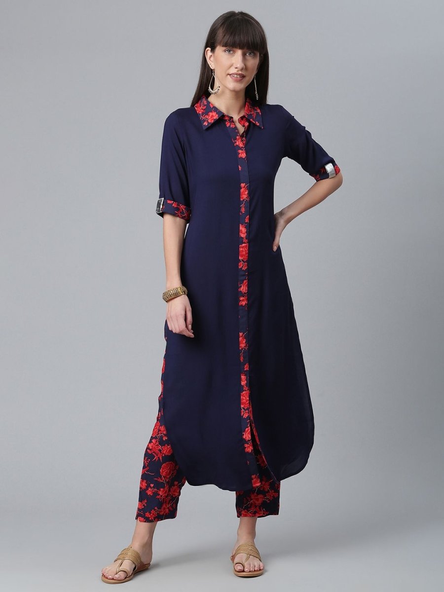 Ahalyaa Navy Blue Solid Rayon Kurta Pant Set | Swadesiicart