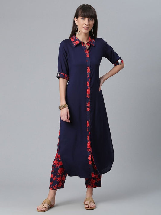 Ahalyaa Navy Blue Solid Rayon Kurta Pant Set | Swadesiicart