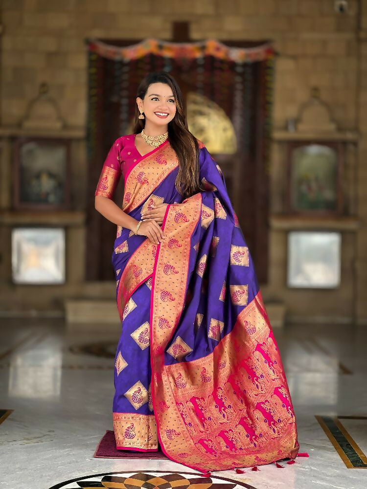 PR Fashion Violet Soft Banarasi Silk With Zari Weaving Meenakari Design Saree | Swadesiicart