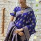 Vishnu Weaves Women's Royal Blue Banarasi Silk Floral Zari Woven Saree with Unstitched Blouse - Swadesiicart