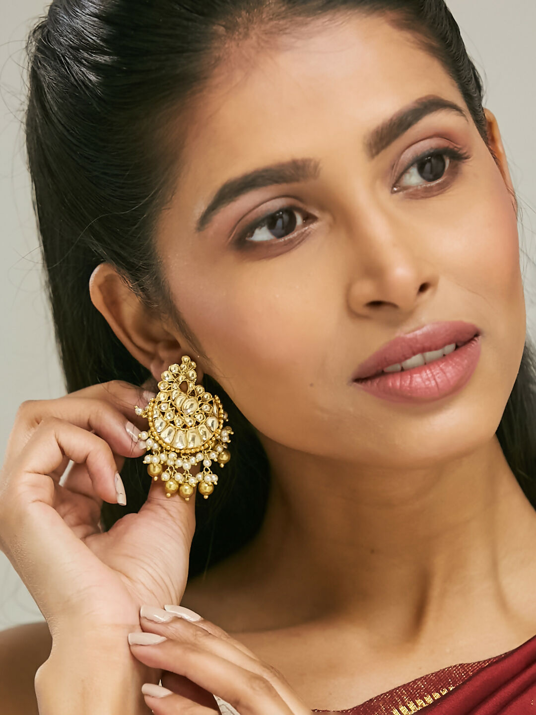 Nuyug 22K Gold-Plated Kundan Stone Studded & Pearl Drop Beaded Crescent Shaped Chandbalis | Swadesiicart