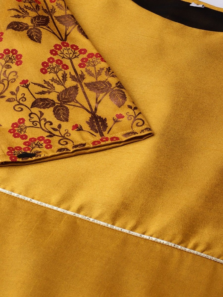 Ahalyaa Women's Mustard Poly Silk Printed Kurta Skirt Set With Dupatta | Swadesiicart