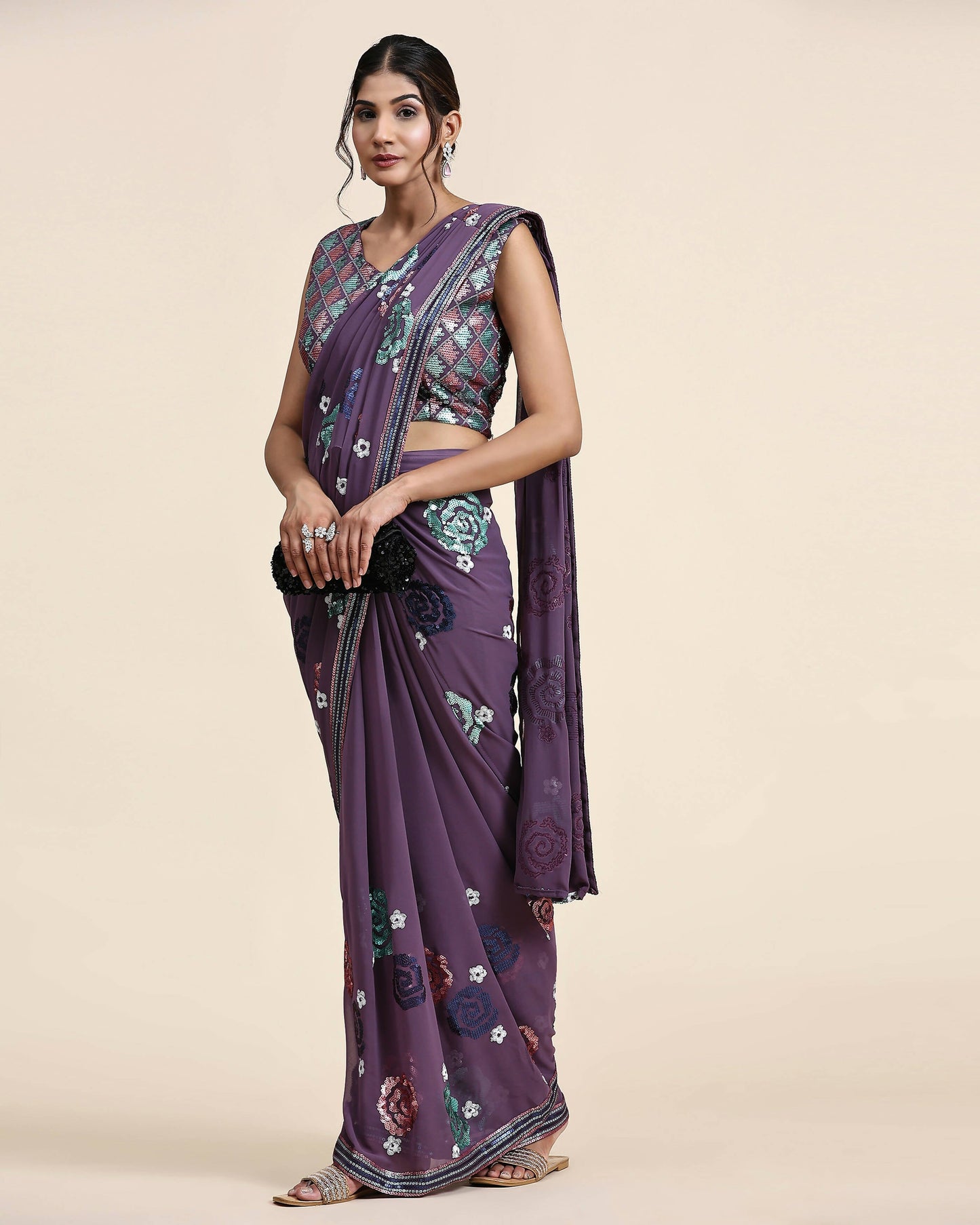 Purple Pure Georgette Sequence work Ready to wear Saree with stitched Blouse - Nirvana | Swadesiicart
