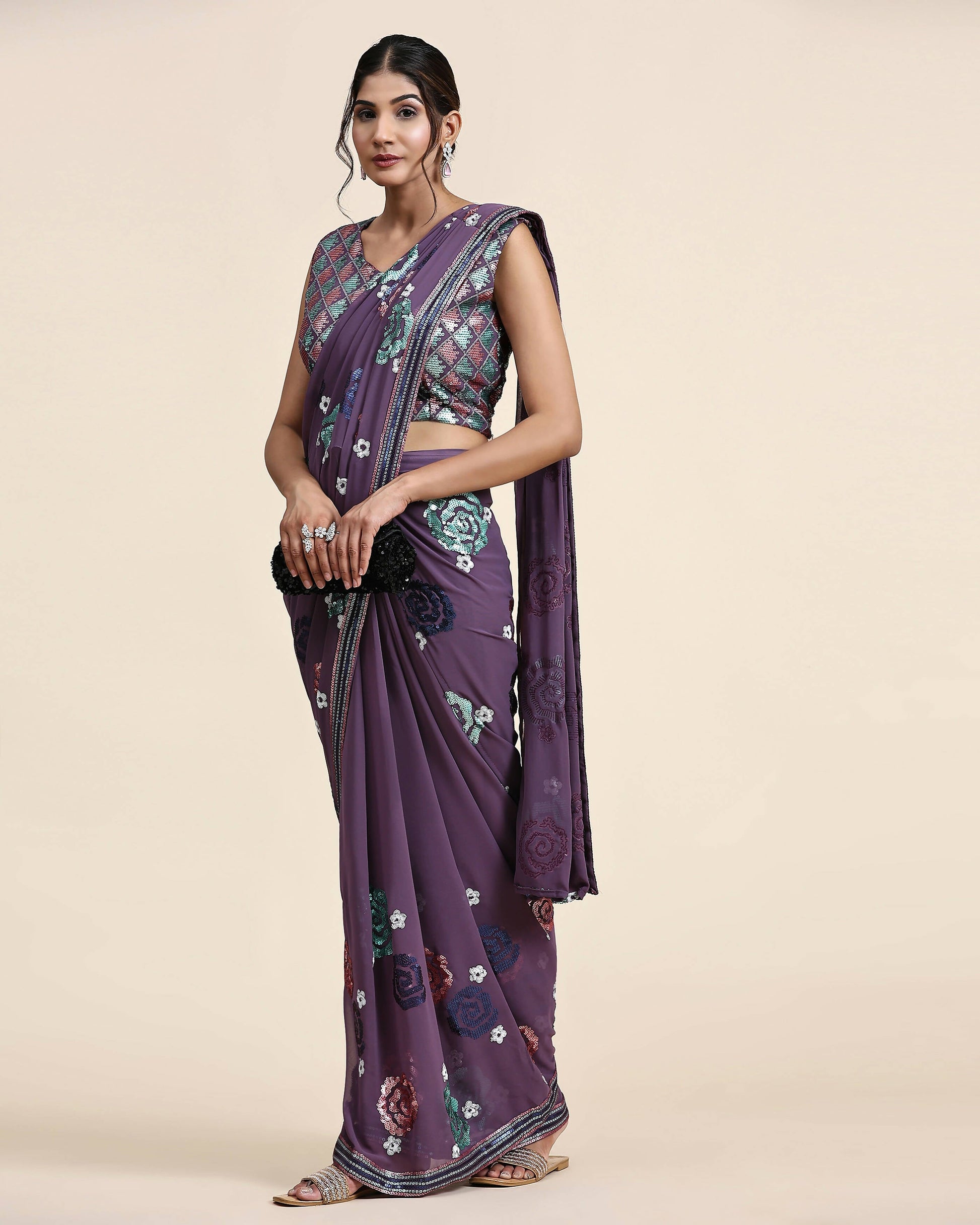 Purple Pure Georgette Sequence work Ready to wear Saree with stitched Blouse - Nirvana | Swadesiicart