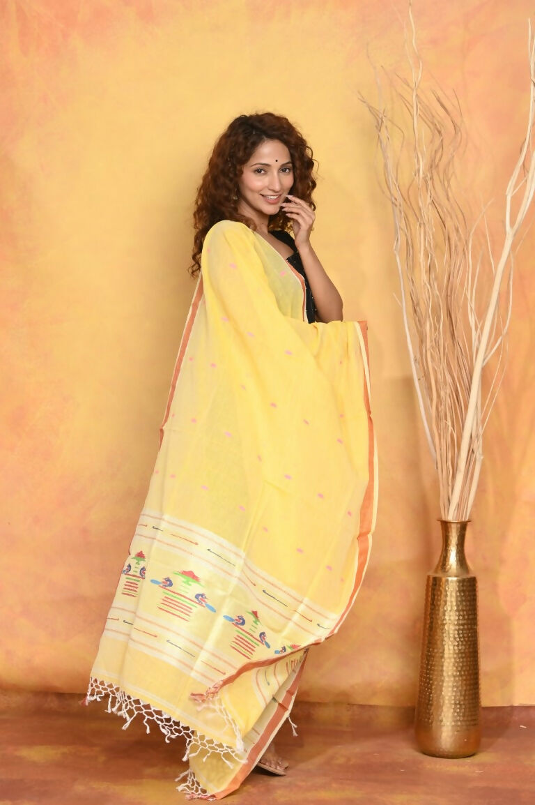 Very Much Indian Handloom Pure Cotton Paithani Dupatta - Yellow | Swadesiicart