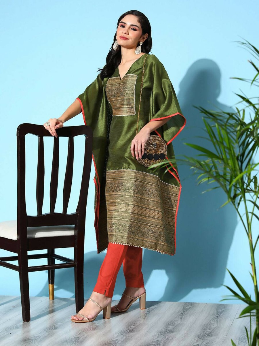Ahalyaa Women Mehendi Poly Silk Gold Printed Kaftan Kurta | Swadesiicart